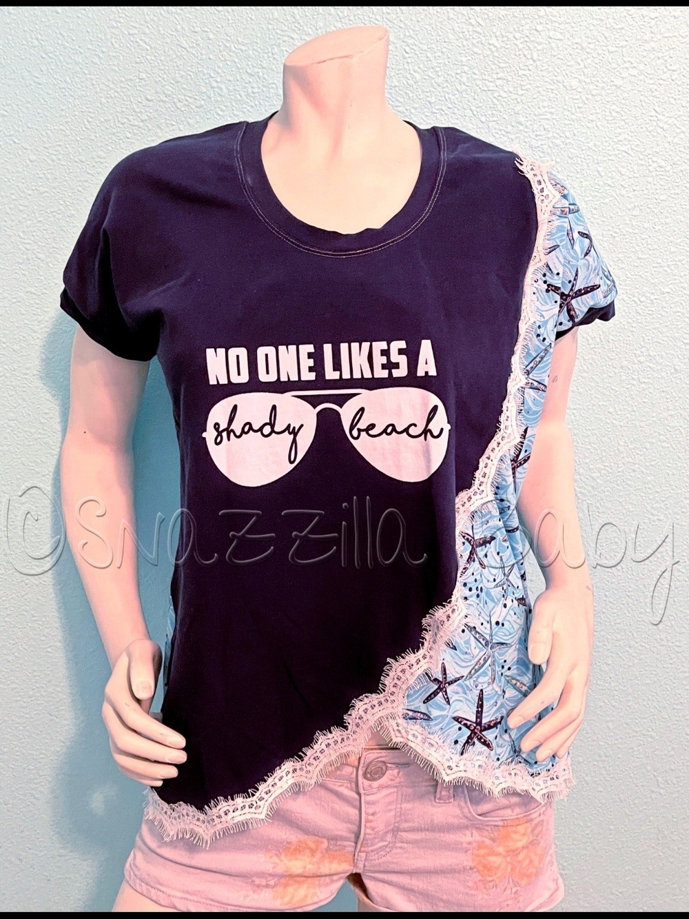 Adult Small Crossover Tee With Lace Accent - "No One Likes A Shady Beach"